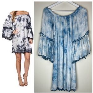 EXIST Blue Tie-Dye Pom Fringe Off-Shoulder Boho Mini Dress Coverup